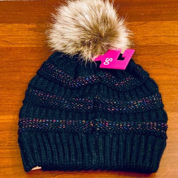 SO Accessories - Metallic Black Knit Faux Fur Pom Beanie by SO